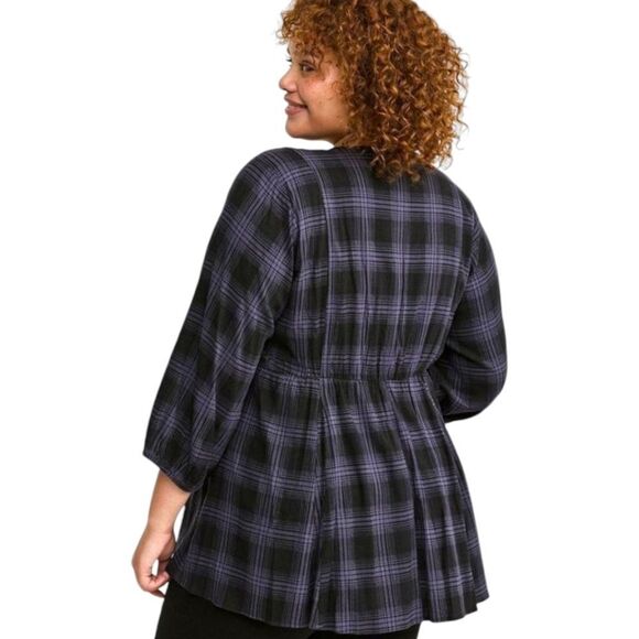 TORRID FIT FLARE Rayon Slub Button -Up Top Shadow Plaid Deep Black Size 2X - Picture 10 of 16